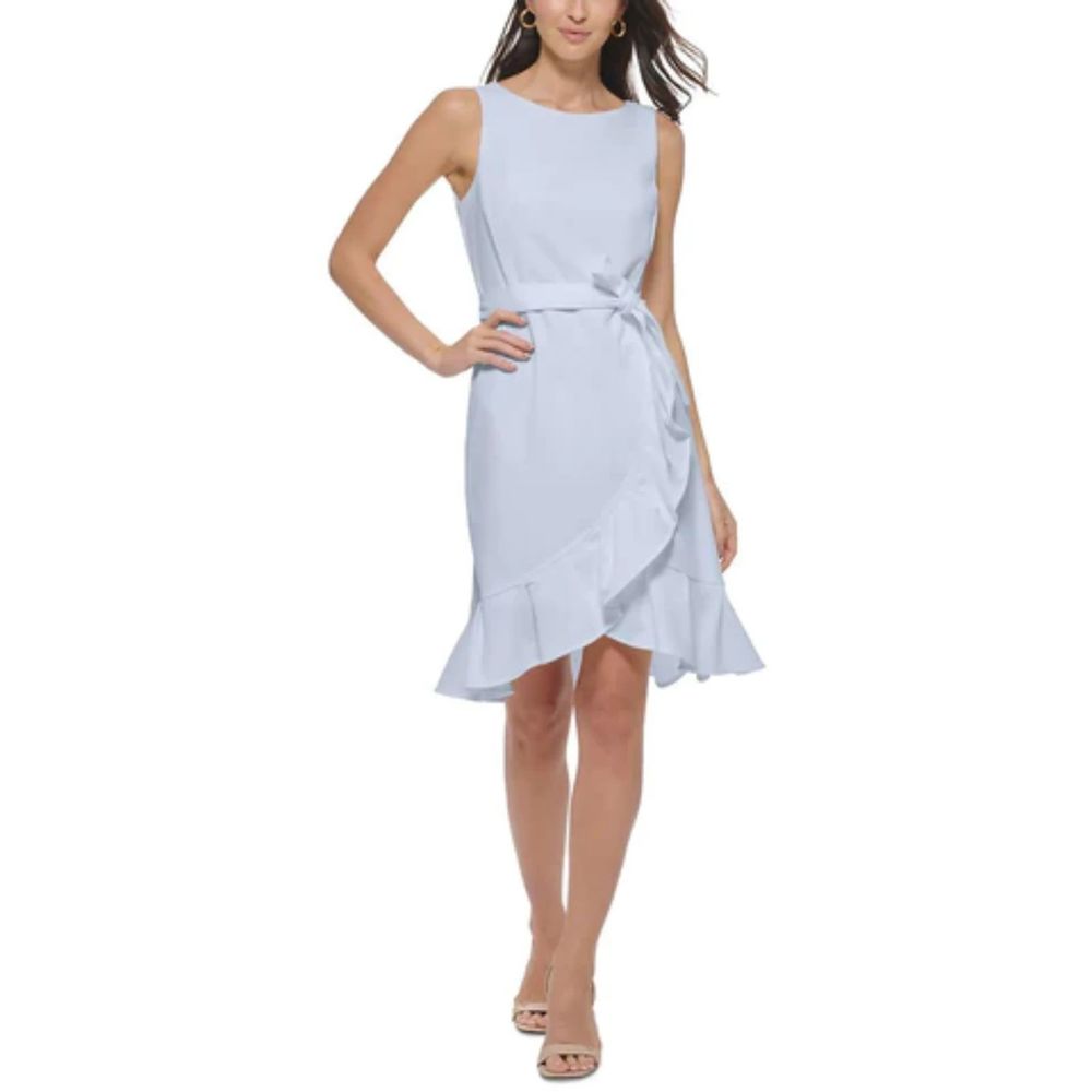 Calvin Klein Scuba Crepe Ruffle Tulip Hem Faux Wrap Dress Light Blue Size 14